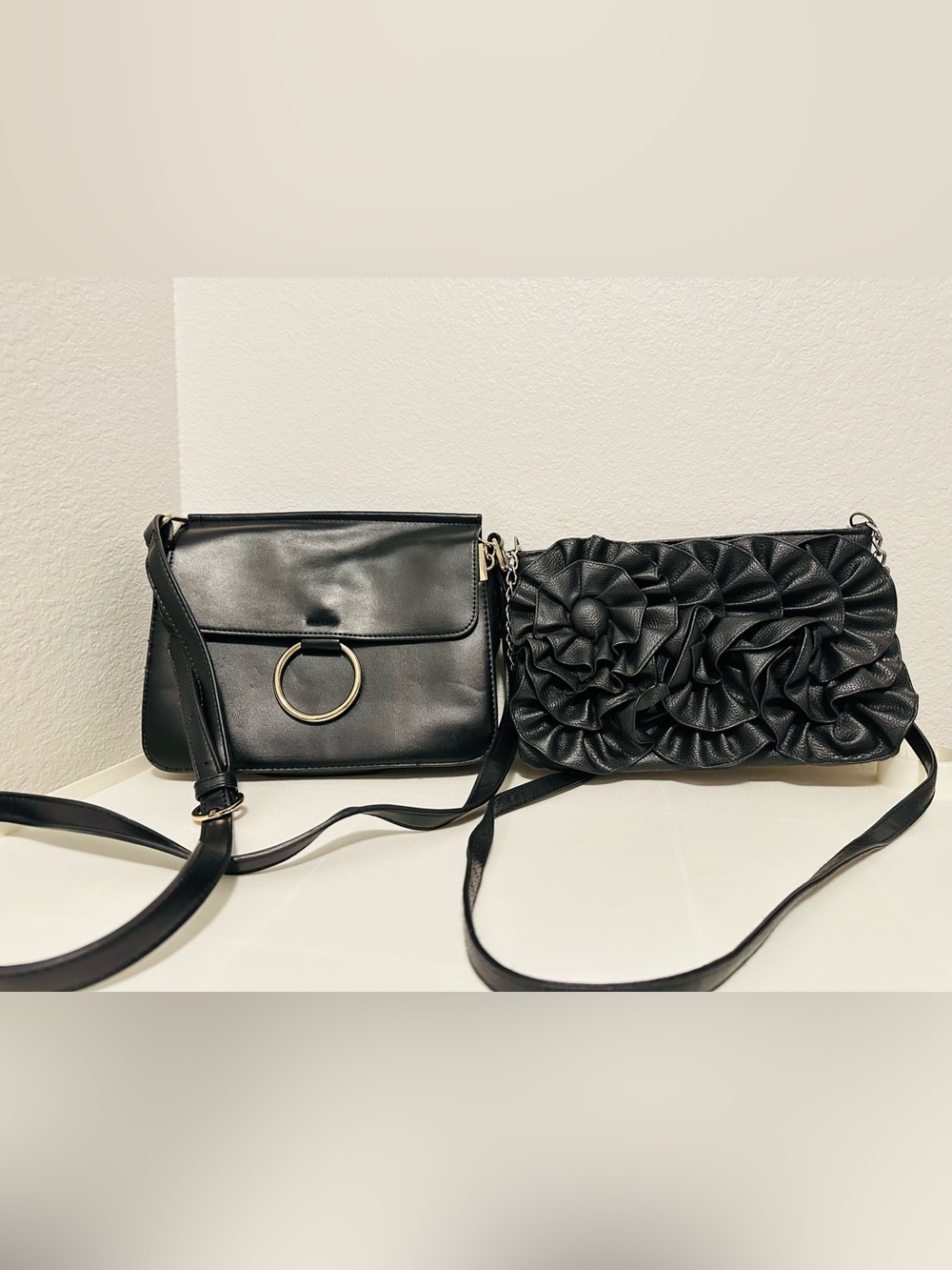 TWO: USED: Black Women's Crossbody Bag with Gold Ring Accent